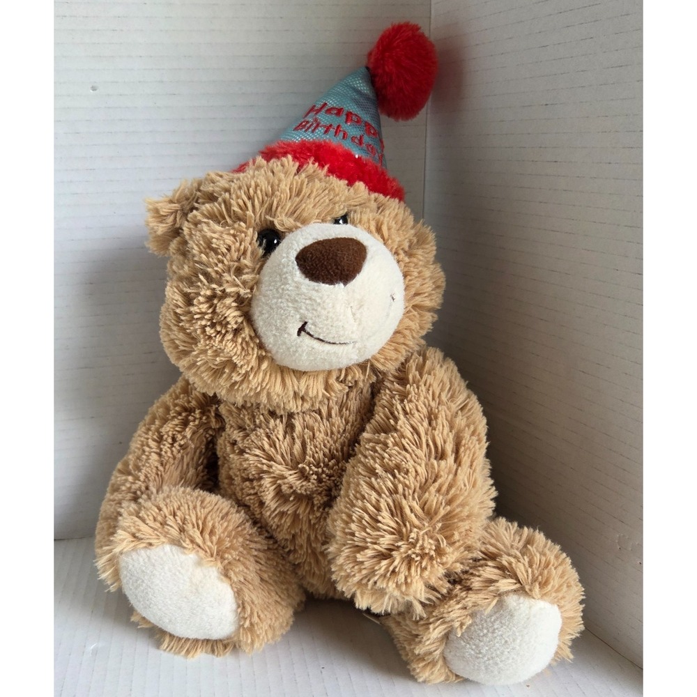 Aurora Brown Plush Stuffed Animal Teddy Bear Happy Birthday Hat Red Pom 2018 12"
